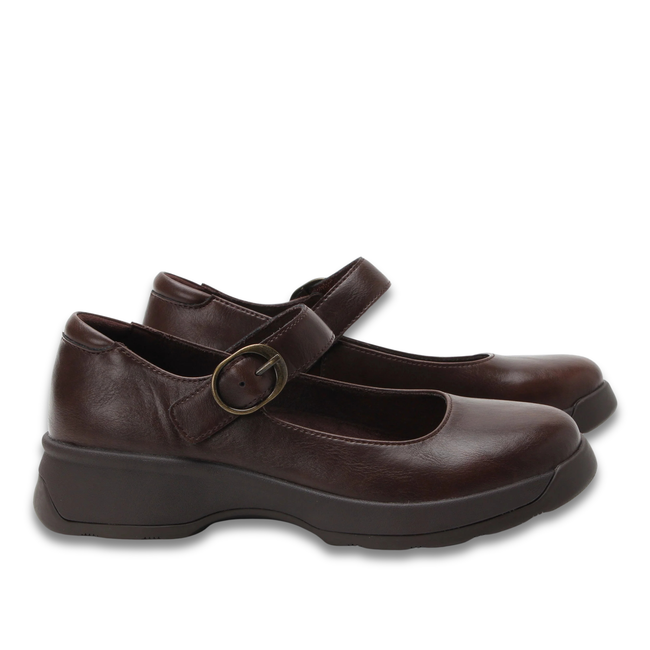 Lateral side of Alegria Women's Jazmine Mary Jane Shoe in Brown Espresso Leather