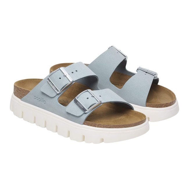 Angled Pair of Birkenstock Women's Arizona Chunky Sandal in Baby Blue Suede