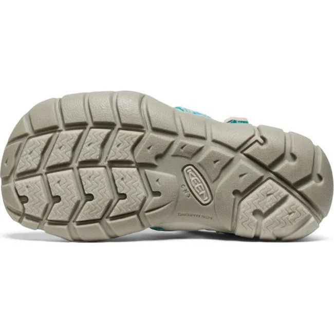 Sole of KEEN Little Kids Seacamp II CNX Sandal in Bright Aqua and Giggle Pink