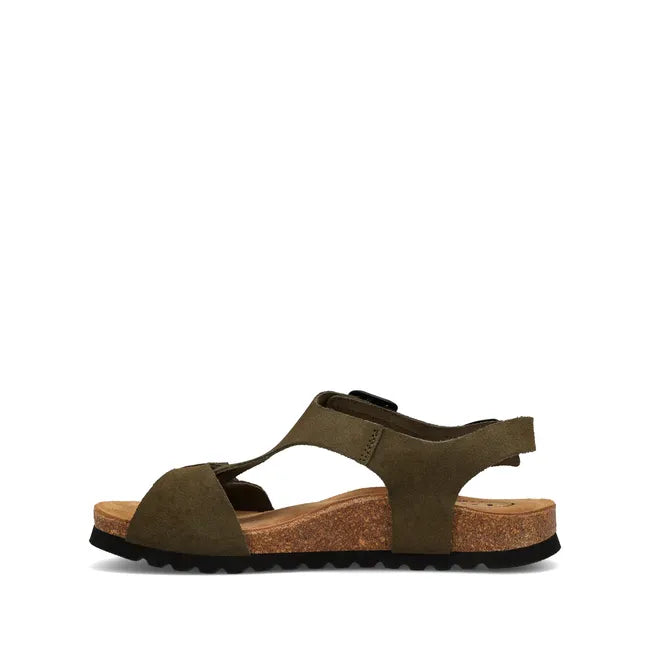 Medial side of Women's Taos MVP Sandal in olive green suede with cork sole