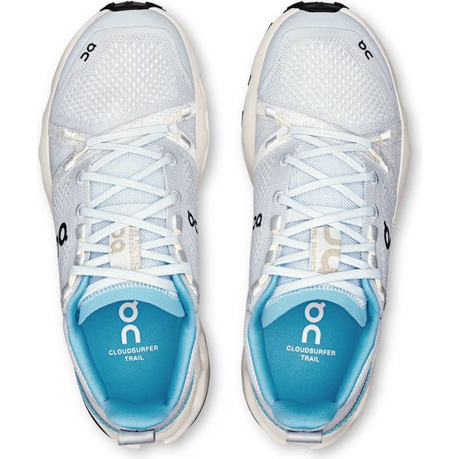 Top down view of Women's On Running Cloudsurfer Trail Running Shoes in Arctic blue and Ivory