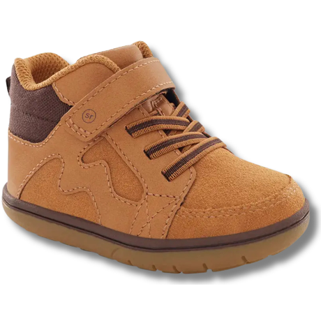Angled side of Stride Rite Kid's Ames High Top Sneaker in Honey Tan Suede