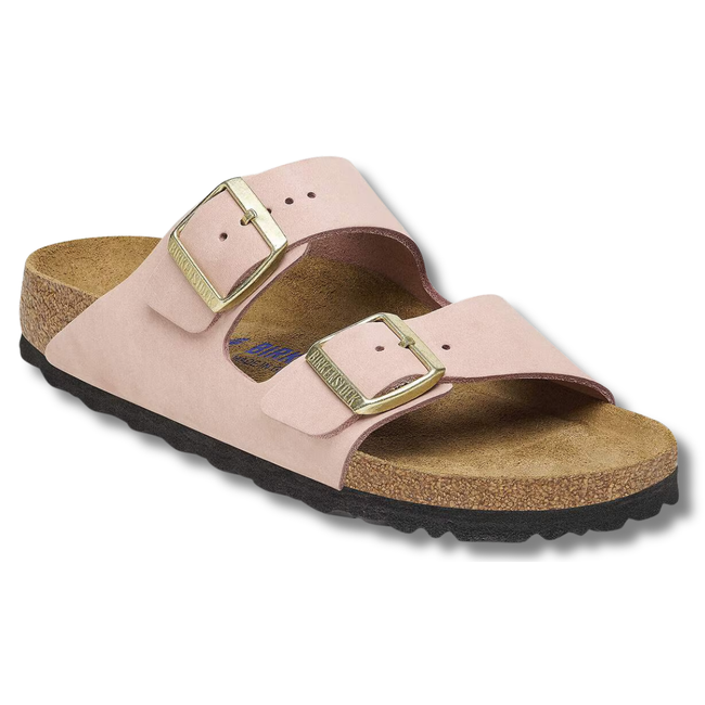 Angled side of Birkenstock Women's Arizona Soft Footbed Sandal in Soft Pink