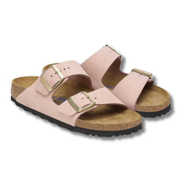 Angled pair of Birkenstock Women's Arizona Soft Footbed Sandals in Soft Pink