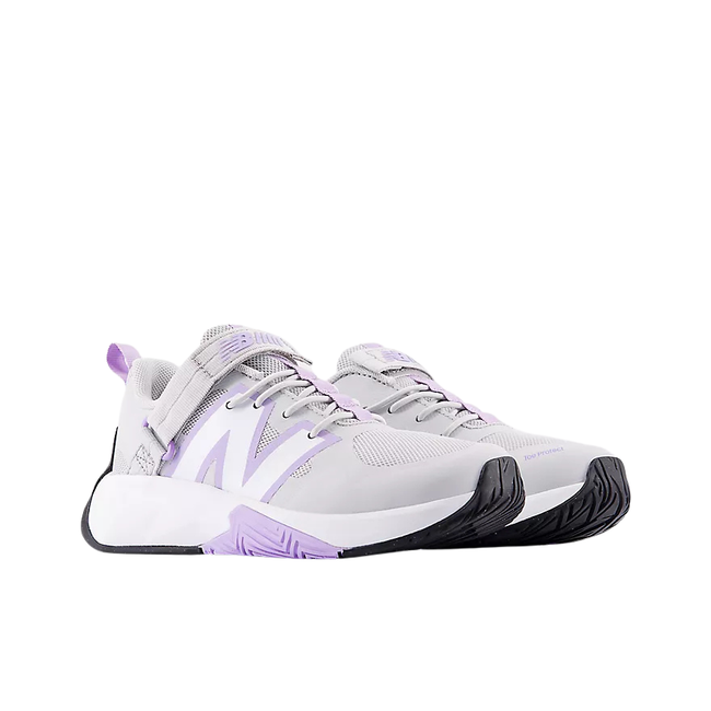 Angled Pair of New Balance Kids' FuelCell Play Bungee with Top Strap in Lilac Glo