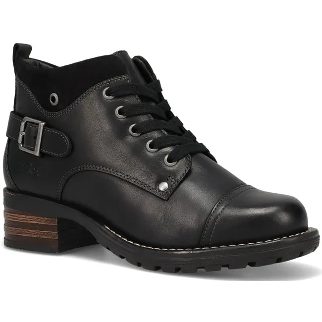 Front angled view of Women's Taos Mini Crave Boot in black leather. Ankle height and lace up closure