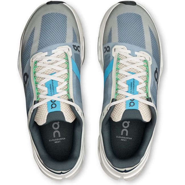 Top down view of On Running Women's Cloudsurfer Next Running Shoes in niagara and white