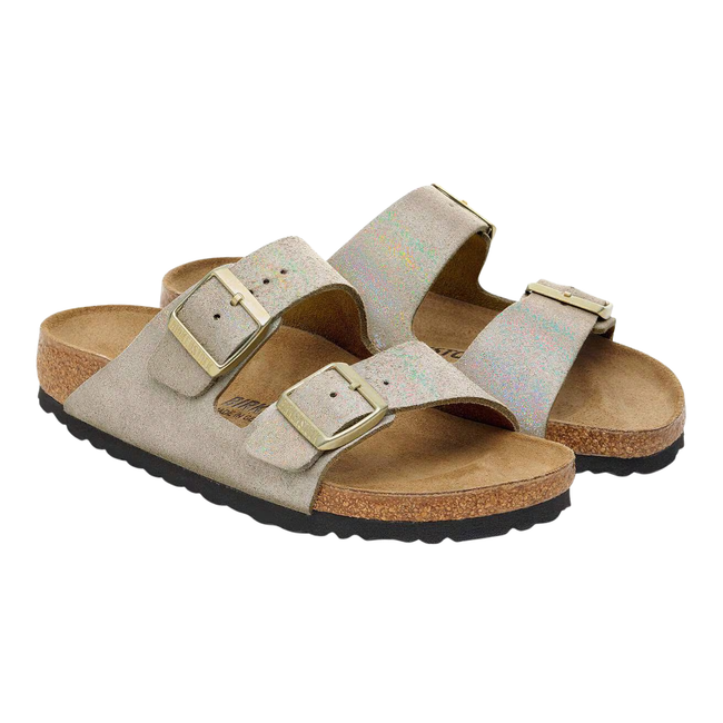 Angled Pair of Birkenstock Women's Arizona Suede Sandal in Shimmering Taupe