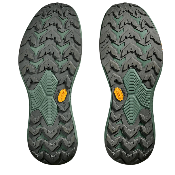 Soles of Hoka Men's Transport Hike GORE-TEX Hiking Shoe in Gravel Fern