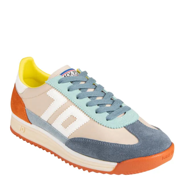 Front angled view of Back 70 Barkley Jogger women’s retro sneaker in multi jean orange