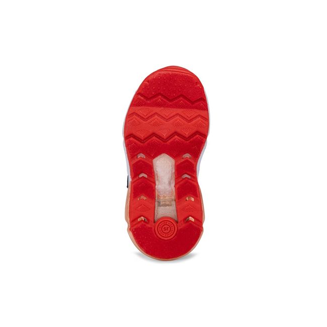 Outsole of the Stride Rite Lighted Phantom in bright red with a clear light window