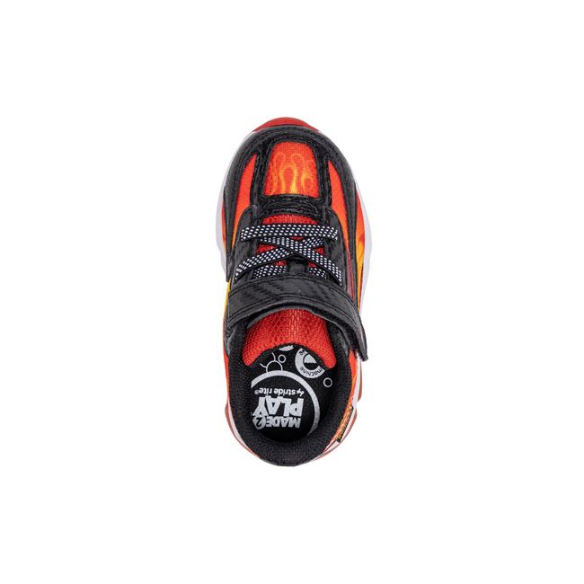 Top down view of the Stride Rite Lighted Phantom in black with orange flame print