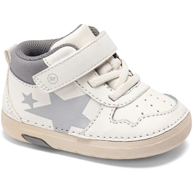 Stride Rite Rockstar mid top sneaker in cream white leather with grey stars
