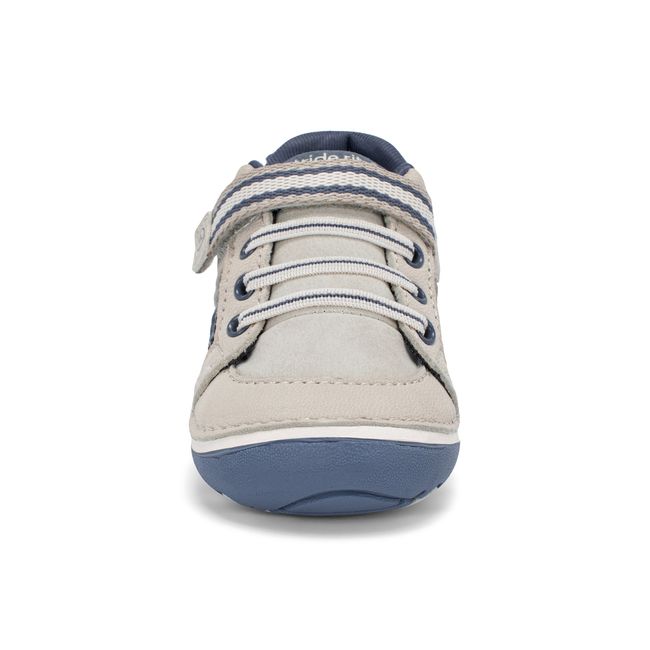 Front view of the Stride Rite Artie in stone grey with striped elastic laces