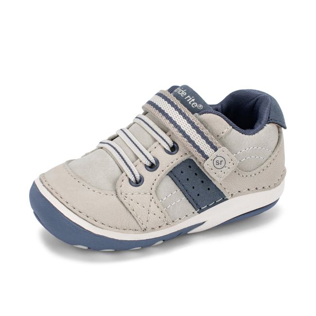 Stride Rite Artie in stone grey and deep navy, angled view of the opposite side