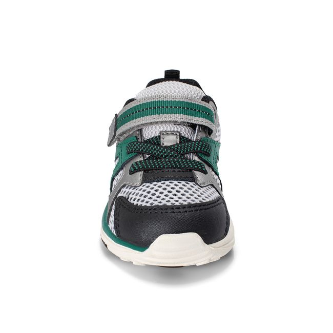 Front view of the Stride Rite Velocity in black and forest green with elastic laces