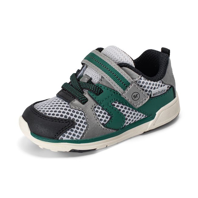 Stride Rite Velocity in black and forest green, angled view of the opposite side