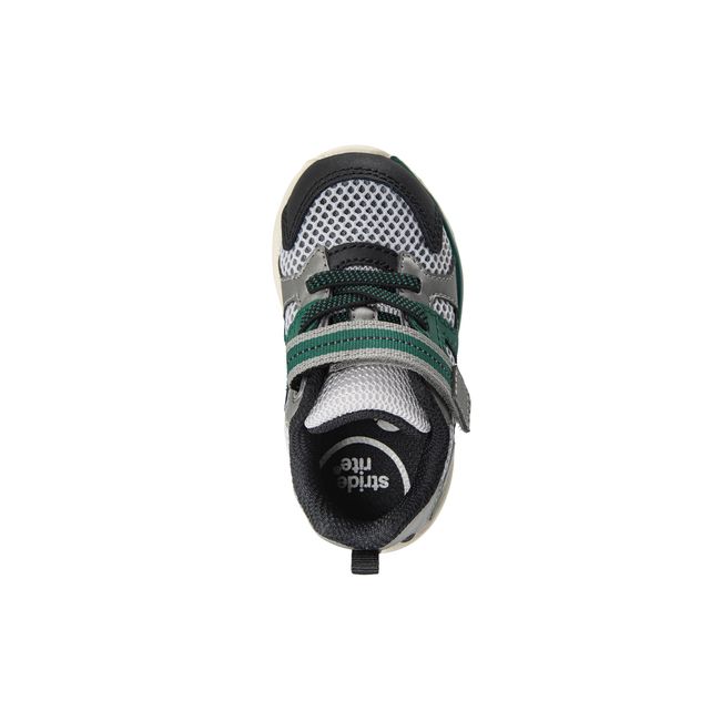 Top down view of the Stride Rite Velocity in black and forest green with silver mesh