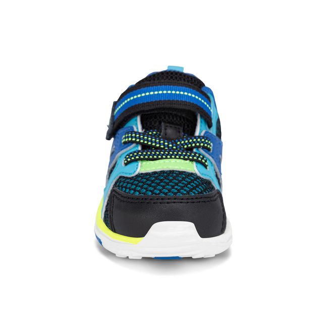 Front view of the Stride Rite Velocity in black and royal blue with elastic laces