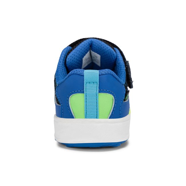 Rear heel view of the Stride Rite Velocity in black and royal blue with a pull tab