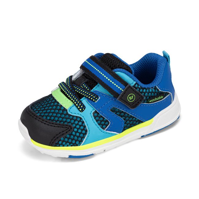 Stride Rite Velocity in black and royal blue, angled view of the opposite side