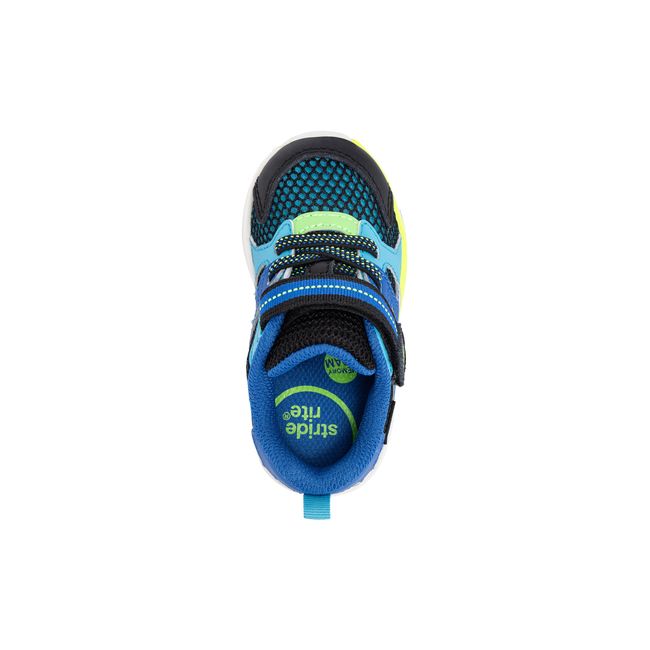 Top down view of the Stride Rite Velocity in black and royal blue mesh