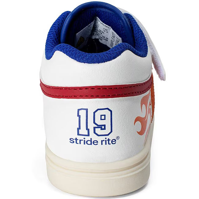 Rear heel view of the Stride Rite Hoop Dreams in cream white with royal blue collar