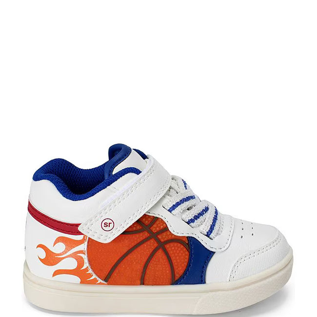 Right side profile of the Stride Rite Hoop Dreams in cream white with orange flames