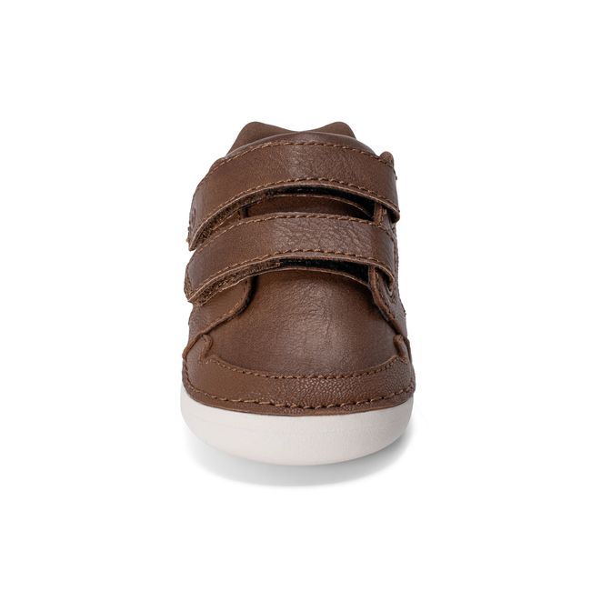 Front view of the Stride Rite Alfredo Mini in warm brown leather with double hook and loop straps