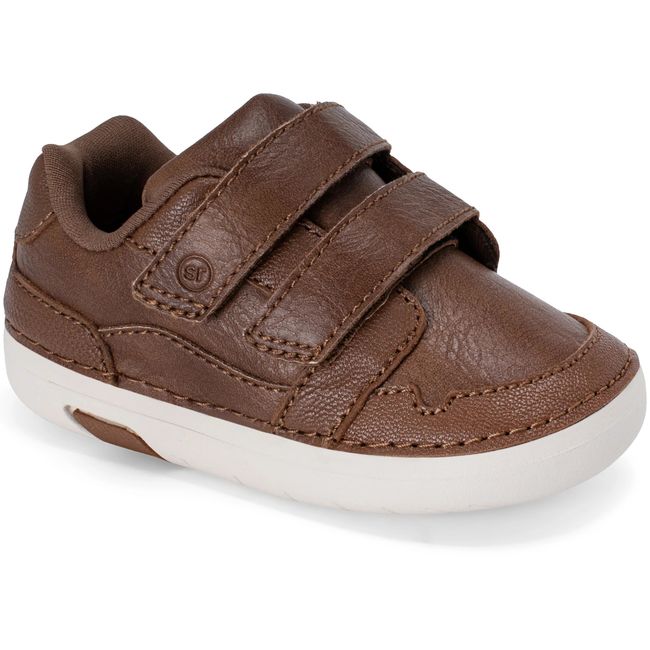 Stride Rite Alfredo Mini sneaker in warm brown leather with double straps, three quarter view