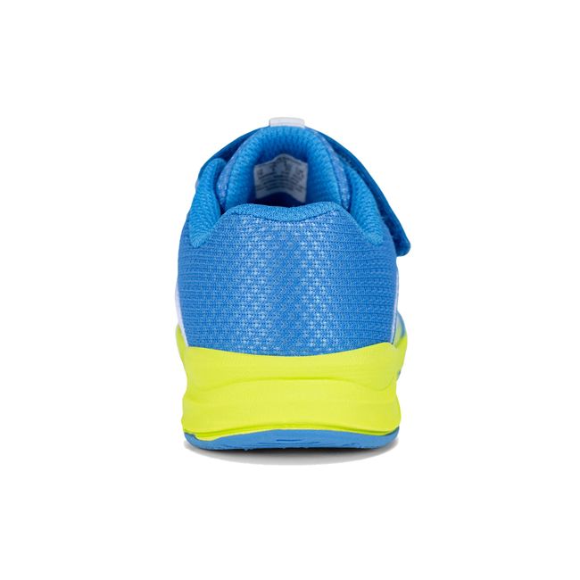 Rear heel view of the Stride Rite Hypersonic in azure blue mesh with lime green sole