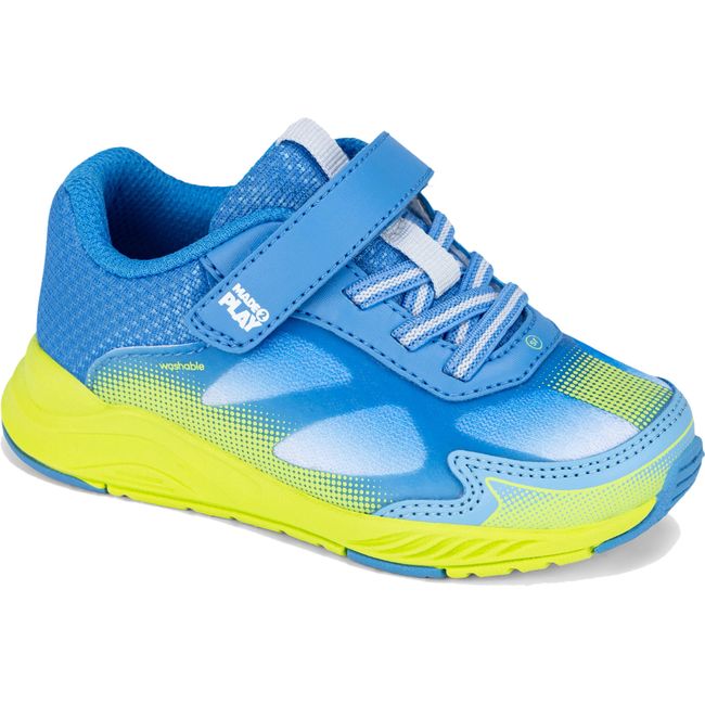 Stride Rite Hypersonic sneaker in azure blue with neon yellow-green sole, angled view