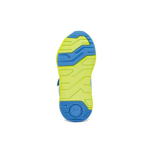 Outsole of the Stride Rite Hypersonic in lime green and blue showing traction lugs