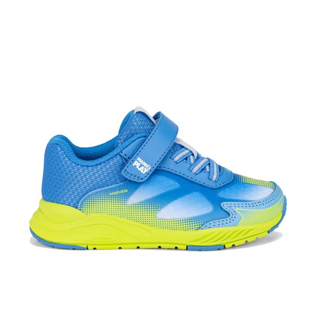 Right side profile of the Stride Rite Hypersonic in azure blue with lime green midsole