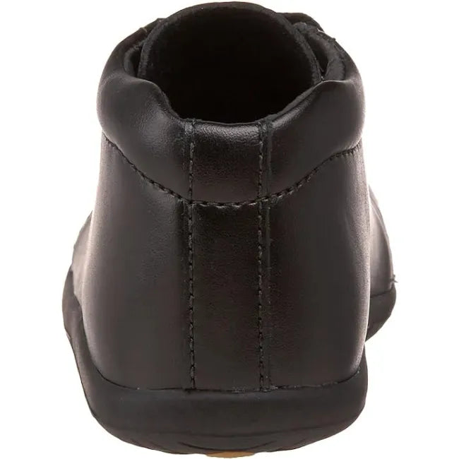 Rear heel view of the Stride Rite Elliot first walker shoe in jet black leather