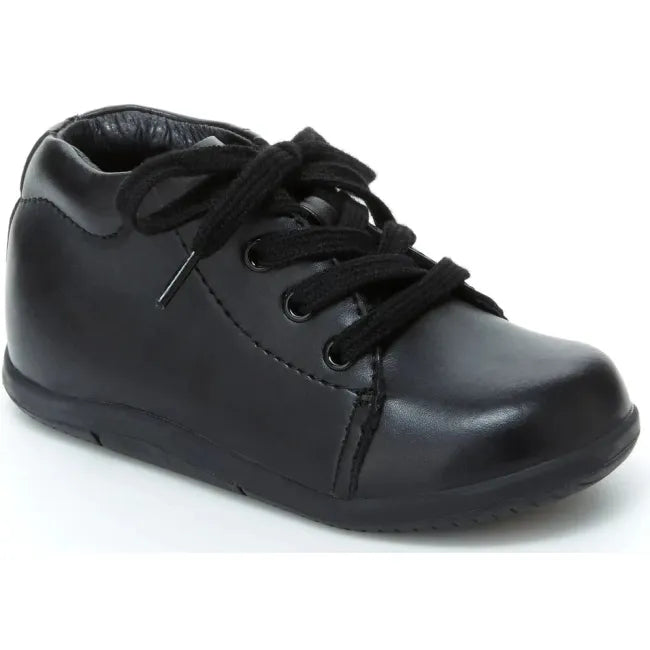 Stride Rite Elliot first walker shoe in jet black leather, three quarter right angle