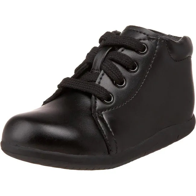 Stride Rite Elliot first walker shoe in jet black leather, three quarter left angle