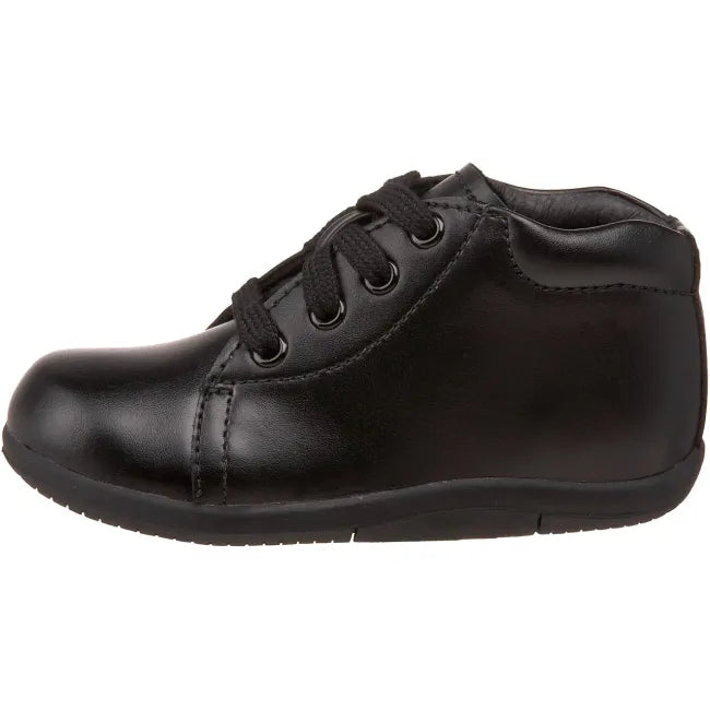 Left side profile of the Stride Rite Elliot first walker shoe in jet black leather