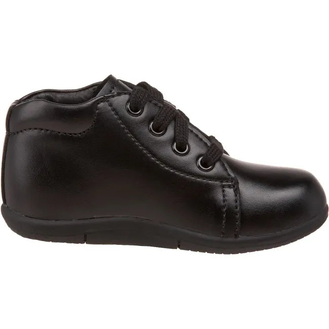 Right side profile of the Stride Rite Elliot first walker shoe in jet black leather