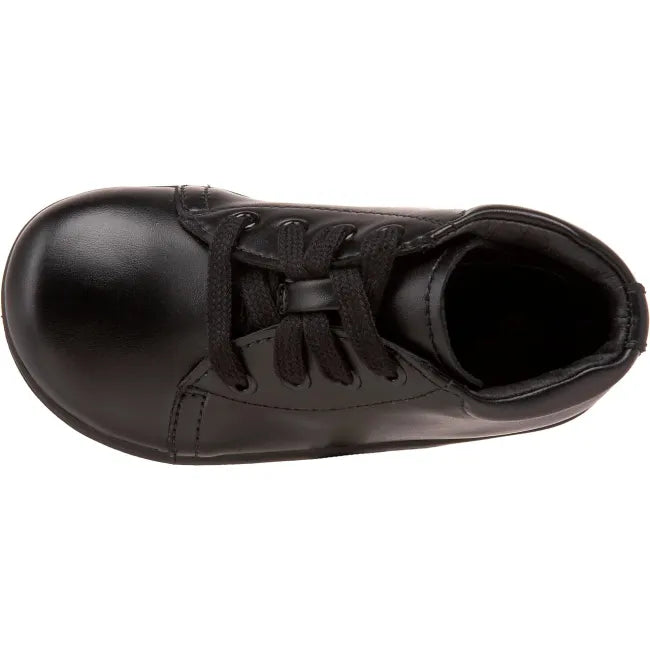 Top down view of the Stride Rite Elliot first walker shoe in jet black leather