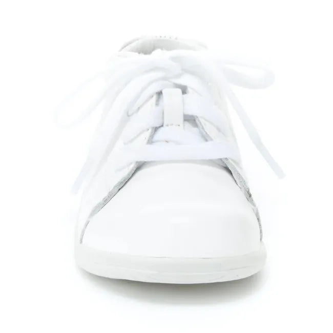 Front view of the Stride Rite Elliot first walker shoe in cream white leather with laces