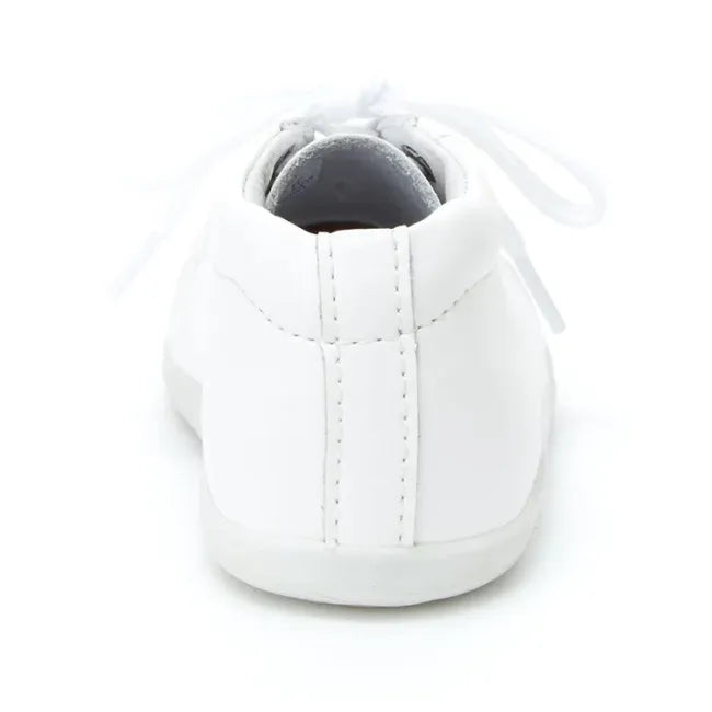 Rear heel view of the Stride Rite Elliot first walker shoe in cream white leather