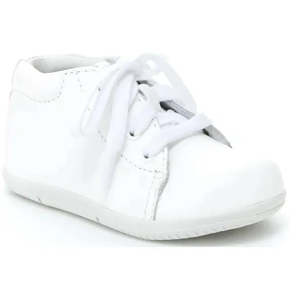 Stride Rite Elliot first walker shoe in cream white leather, three quarter right angle