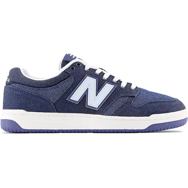Lateral side of Unisex New Balance 480 Sneaker in Navy Blue Denim