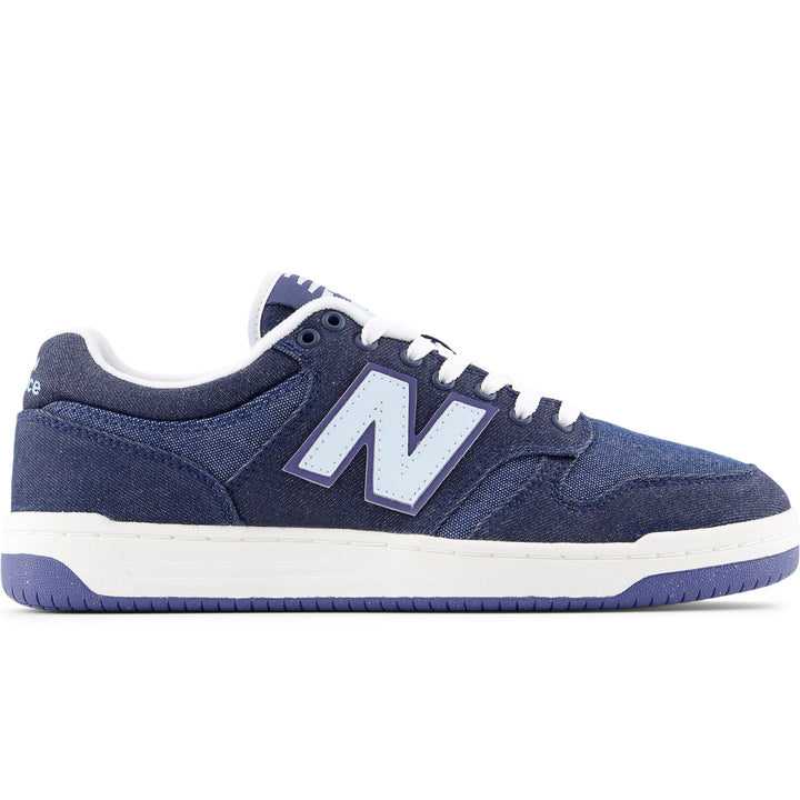 Side of New Balance Unisex 480 sneaker in Dark Denim/Light Blue