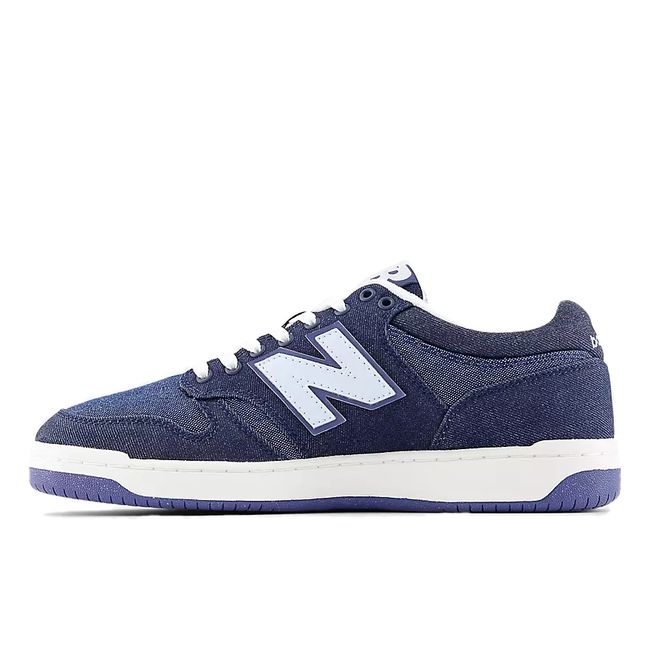 Medial side of Unisex New Balance 480 Sneaker in Navy Blue Denim