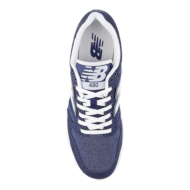 Top of Unisex New Balance 480 Sneaker in Navy Blue Denim