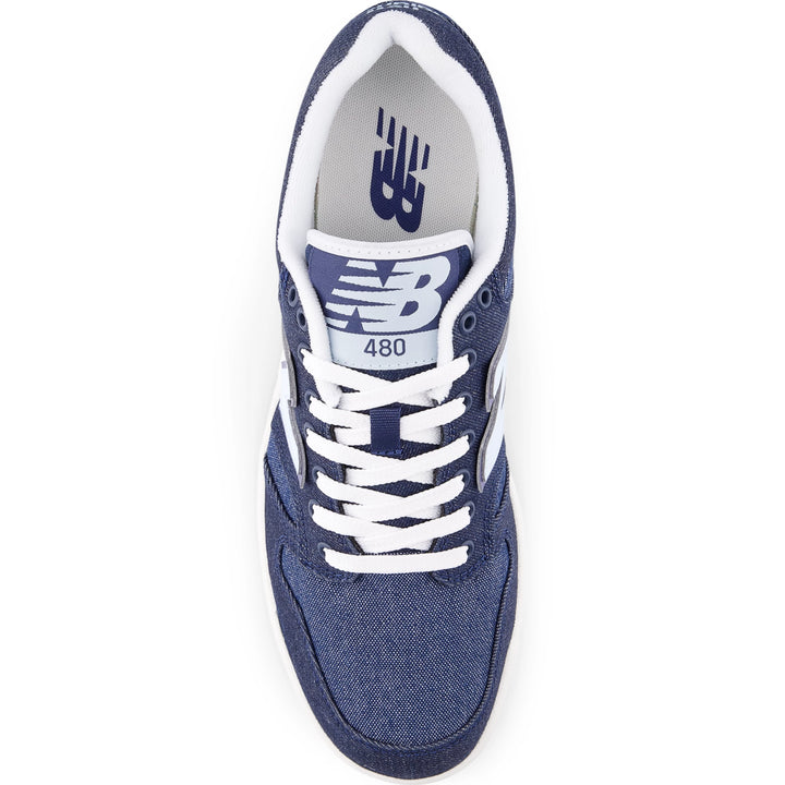 Top of New Balance Unisex 480 sneaker in Dark Denim/Light Blue