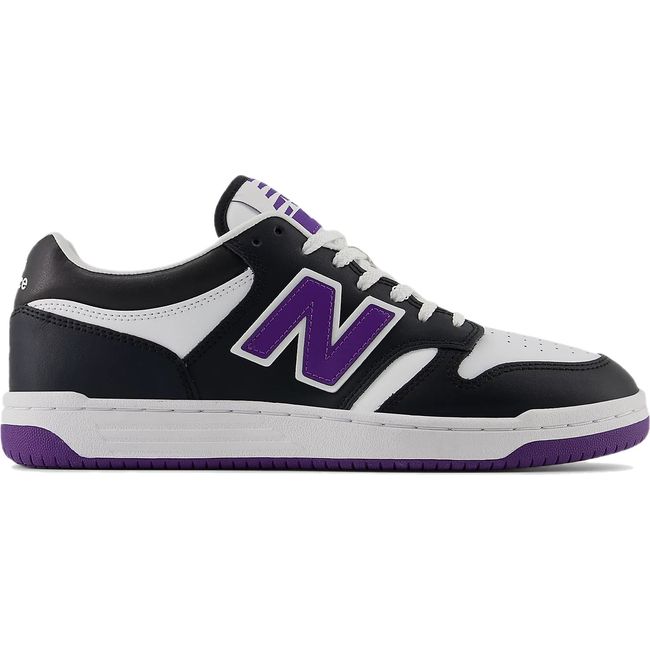 Lateral side of Unisex New Balance 480 Lifestyle Shoe in black, white, and purple leather