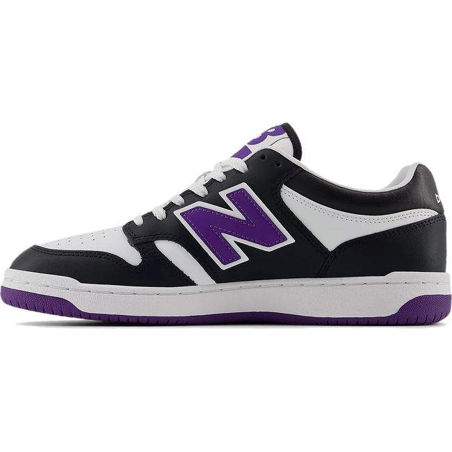 Medial side of Unisex New Balance 480 Lifestyle Shoe in black, white, and purple leather